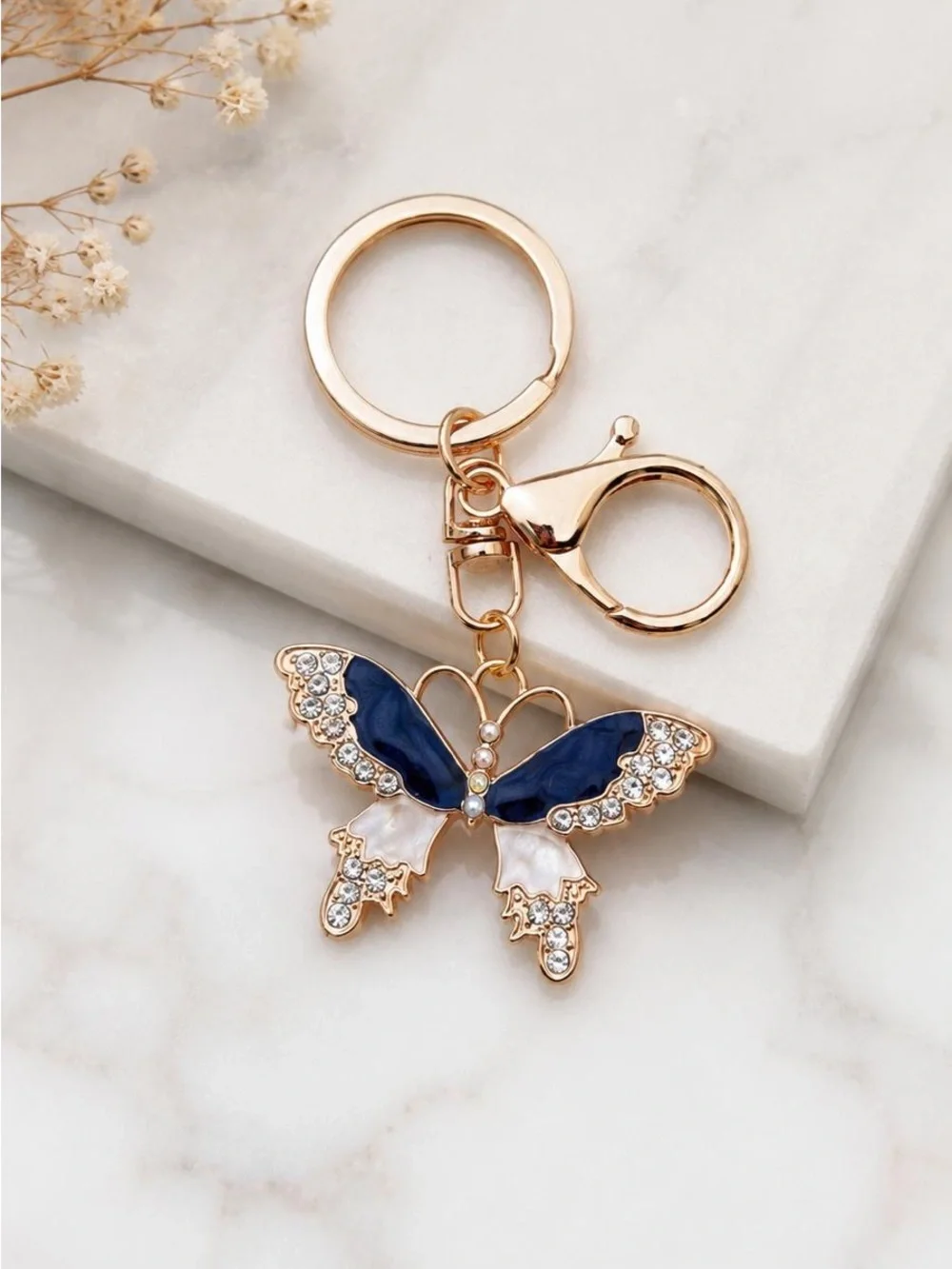 Gold-Tone Navy Blue & Pearlescent White Butterfly Keychain